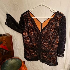 ALEX EVENINGS PETITE Black Lace Over Nude Underlay